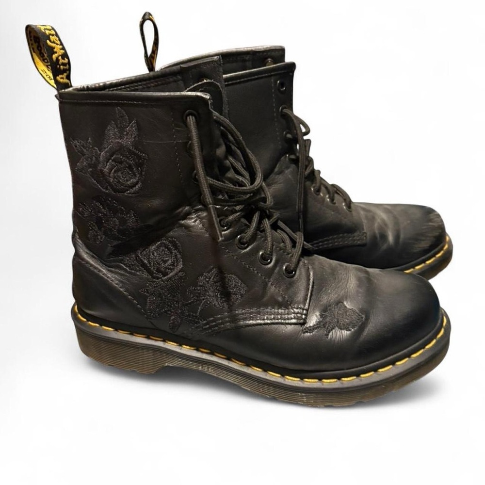 Dr. Martens Black Lace-Up Leather Boots with Rose Embroidery